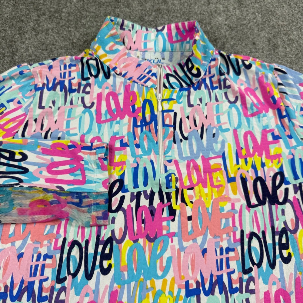 IBKUL Sun Shirt Women XL Multi Love Graffiti Print UPF 50+ Quarter Zip Top